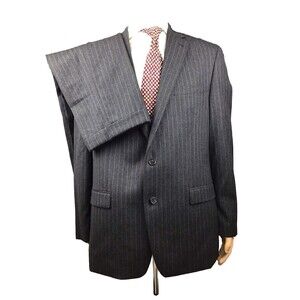 Lauren Ralph Lauren Men Charcoal Striped Wool Flannel Suit Sz 44L Pants 40Wx30L